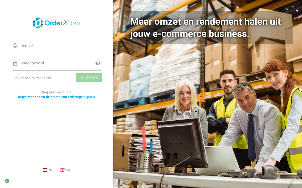 Het inlogscherm van Order2Flow met de velden E-mail en Wachtwoord en de knop Inloggen